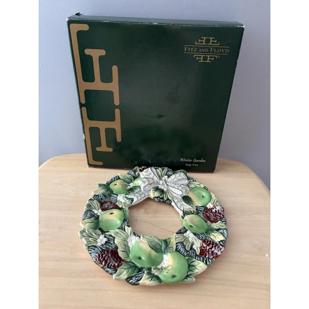 Fitz & Floyd Deviled Egg Serving Plate Winter Garden Green Wreath Christmas  9
